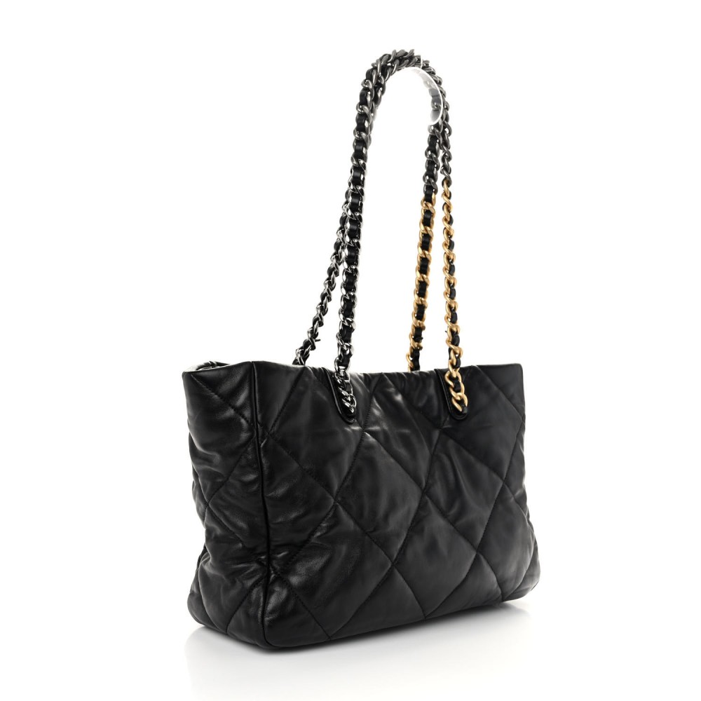 Lambskin Quilted Chanel 19 East West Shopping Bag Black