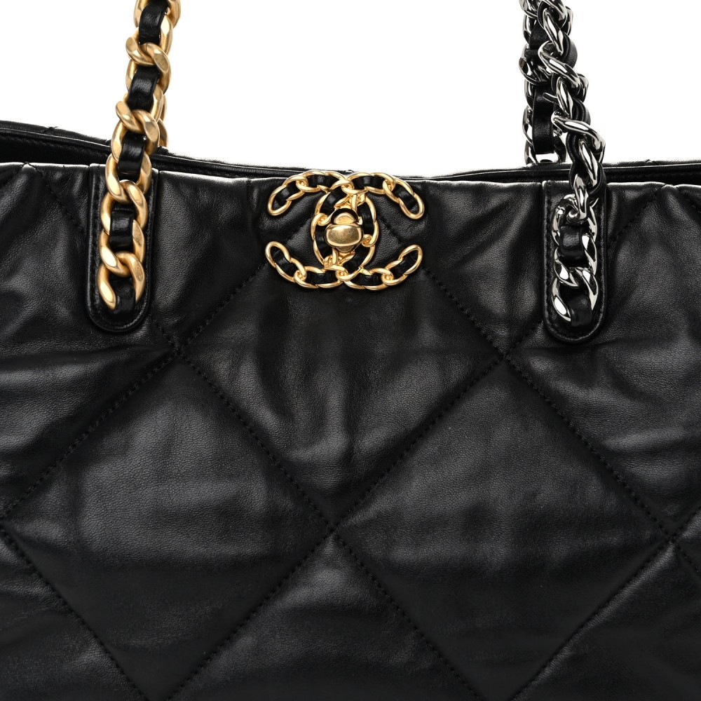 Lambskin Quilted Chanel 19 East West Shopping Bag Black