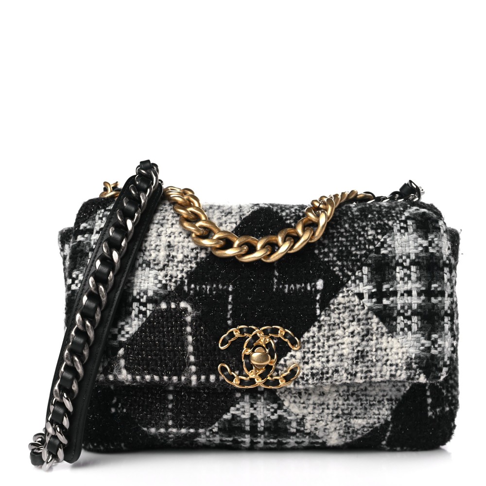 Tweed Quilted Medium Chanel 19 Flap Black White