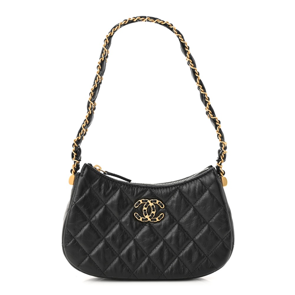 Aged Calfskin Quilted Small Chanel 19 Hobo Black