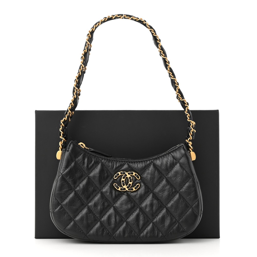 Aged Calfskin Quilted Small Chanel 19 Hobo Black