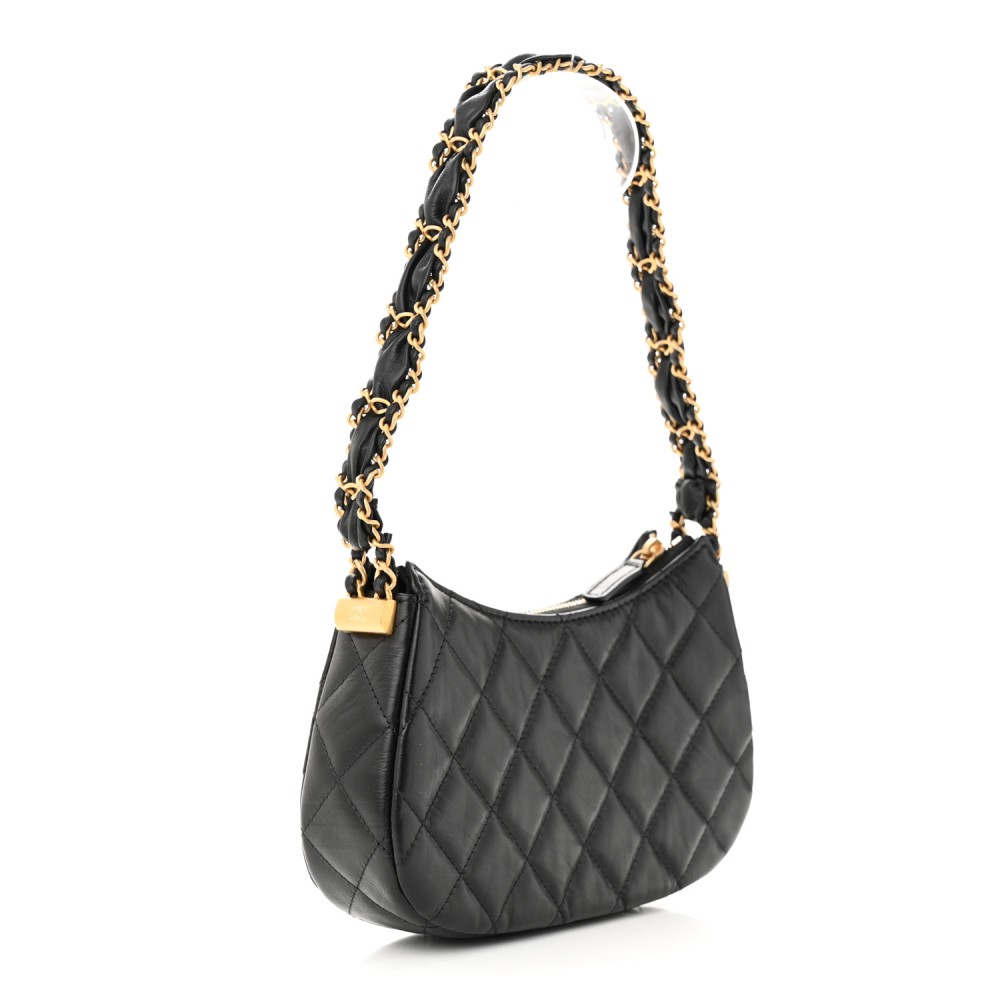 Aged Calfskin Quilted Small Chanel 19 Hobo Black