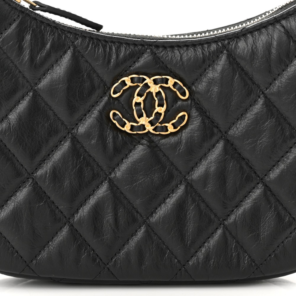 Aged Calfskin Quilted Small Chanel 19 Hobo Black