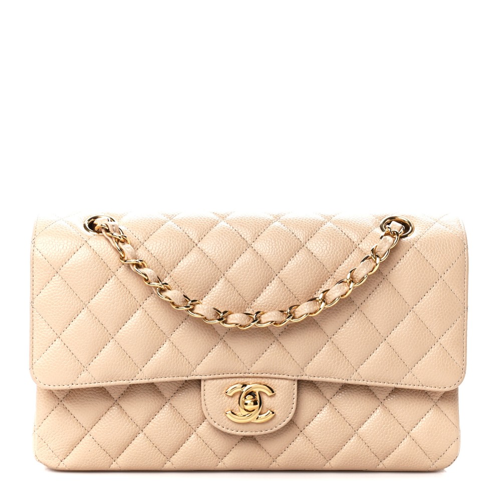 Caviar Quilted Medium Double Flap Beige