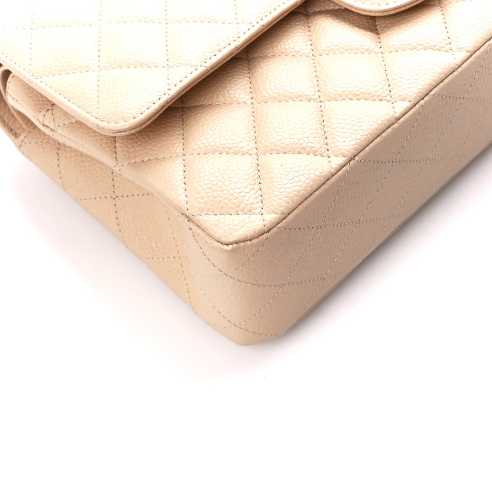 Caviar Quilted Medium Double Flap Beige