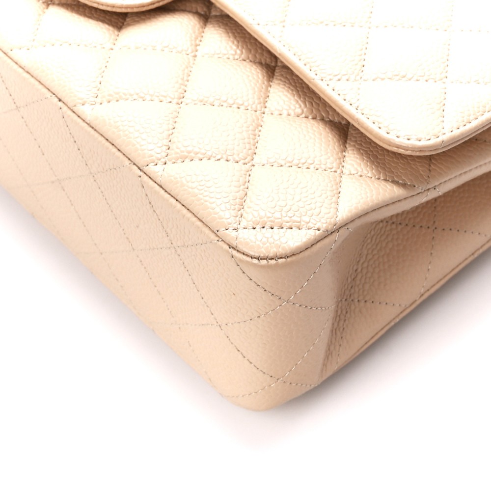 Caviar Quilted Medium Double Flap Beige