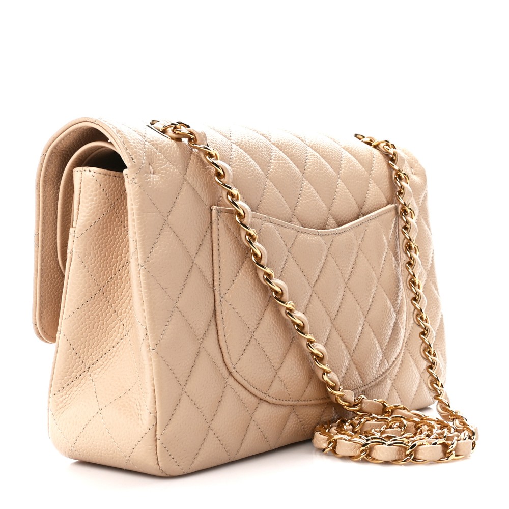 Caviar Quilted Medium Double Flap Beige