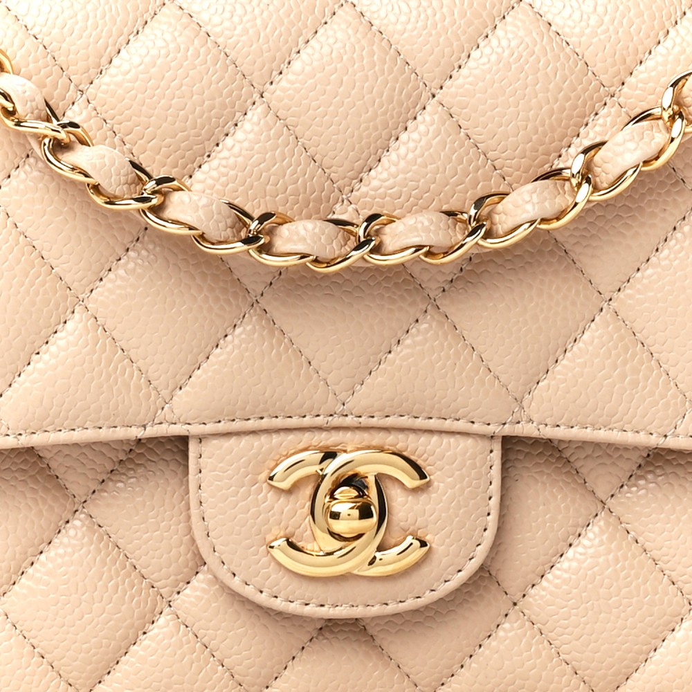 Caviar Quilted Medium Double Flap Beige