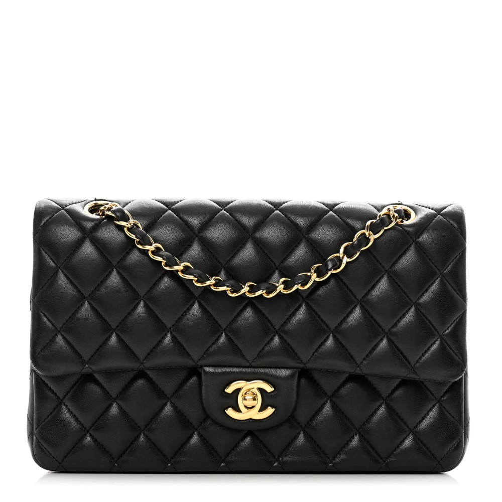 Lambskin Quilted Medium Double Flap Black