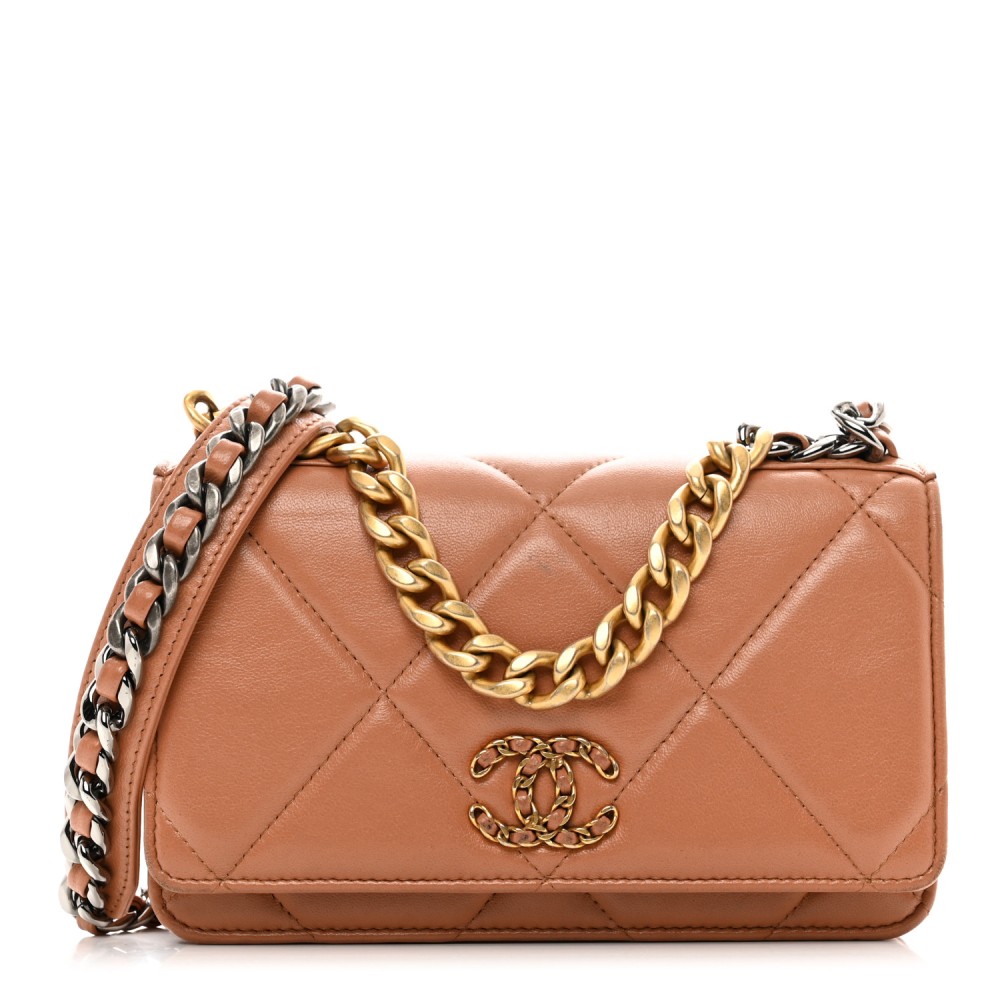 Lambskin Quilted Chanel 19 Wallet On Chain WOC Brown