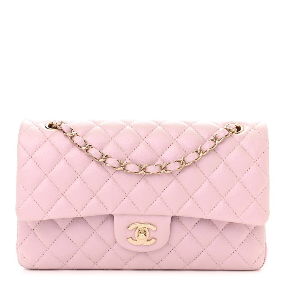 Iridescent Calfskin Quilted Medium Double Flap Pink