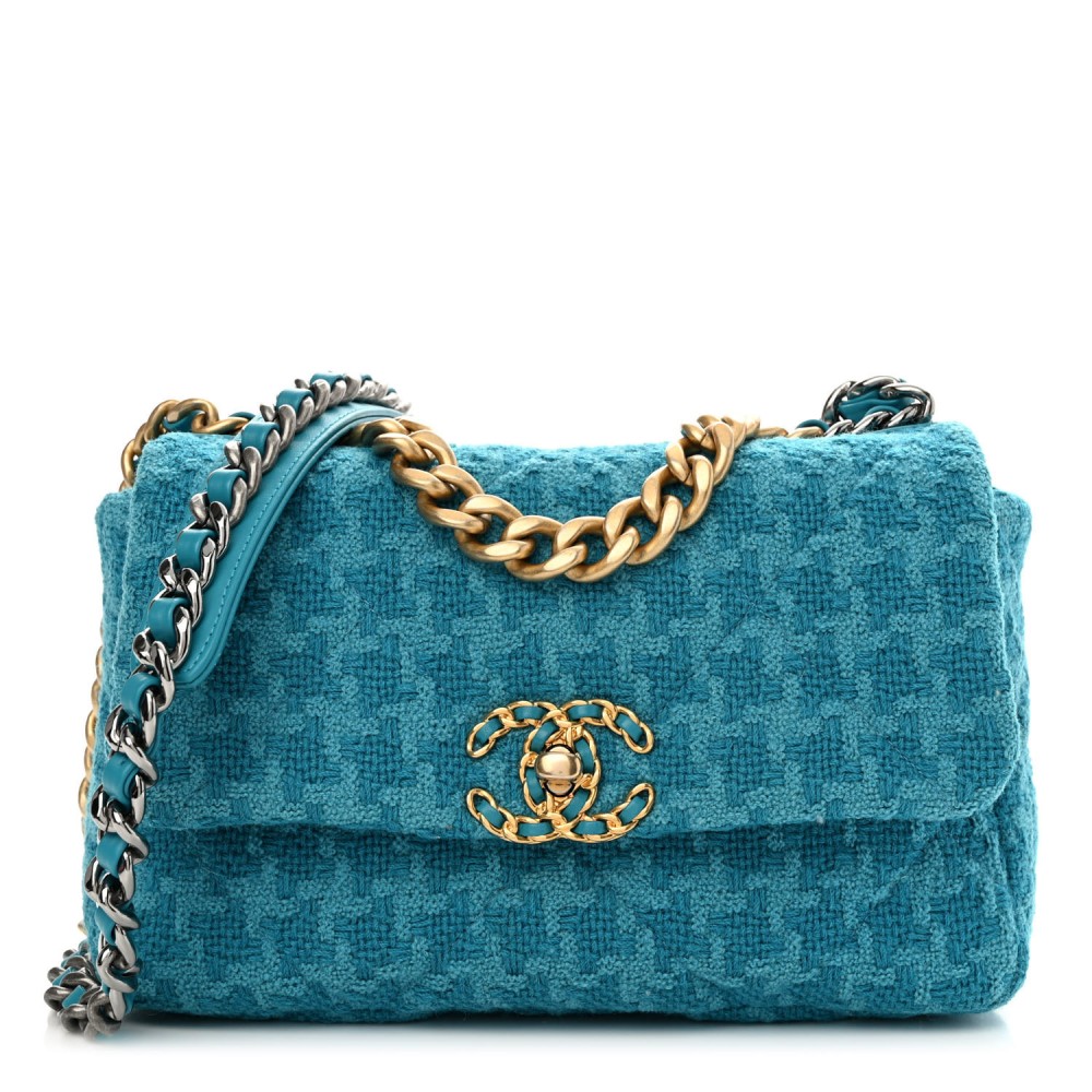 Tweed Quilted Medium Chanel 19 Flap Turquoise