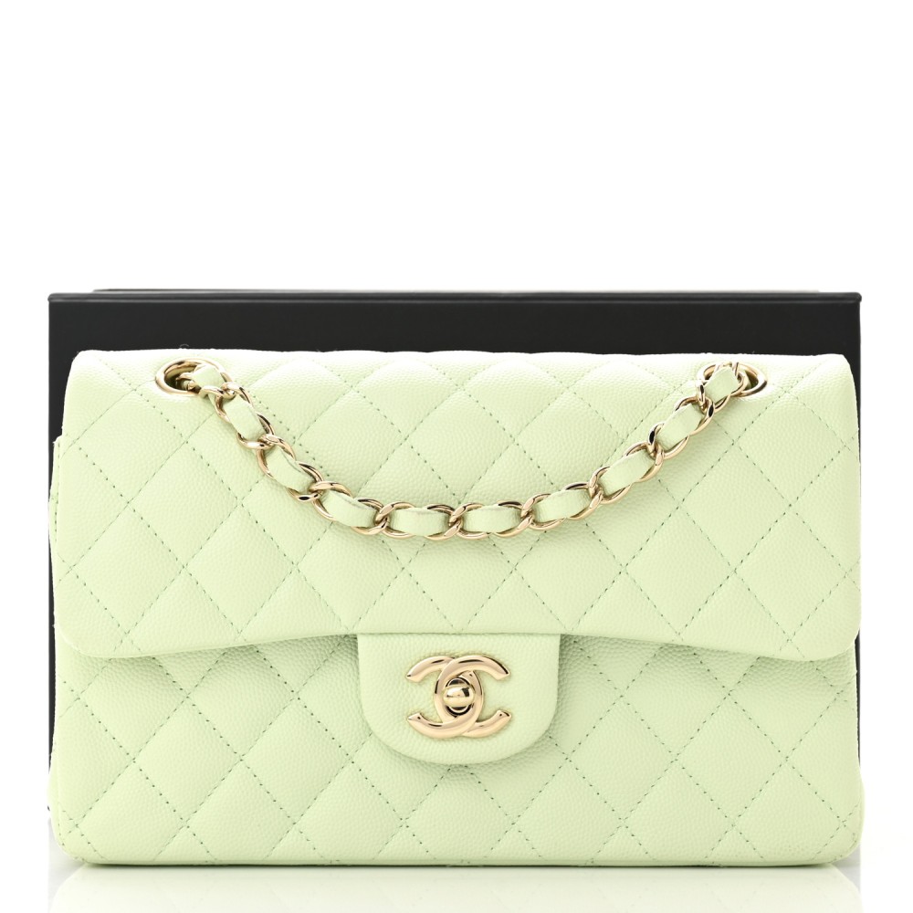 Caviar Quilted Small Double Flap Light Green