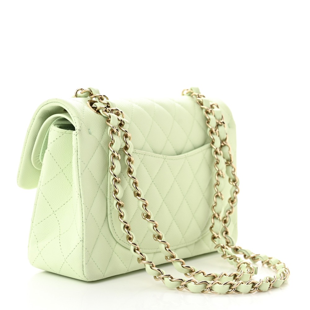 Caviar Quilted Small Double Flap Light Green