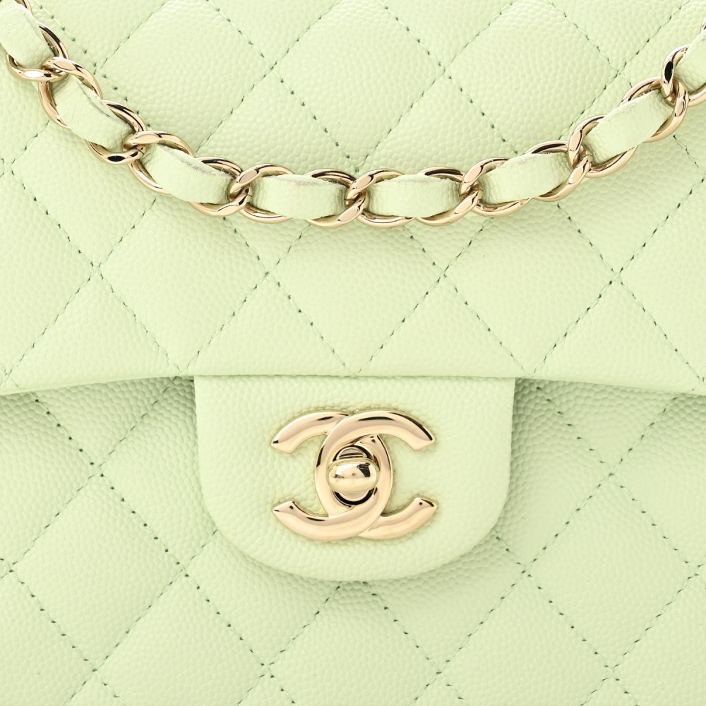 Caviar Quilted Small Double Flap Light Green