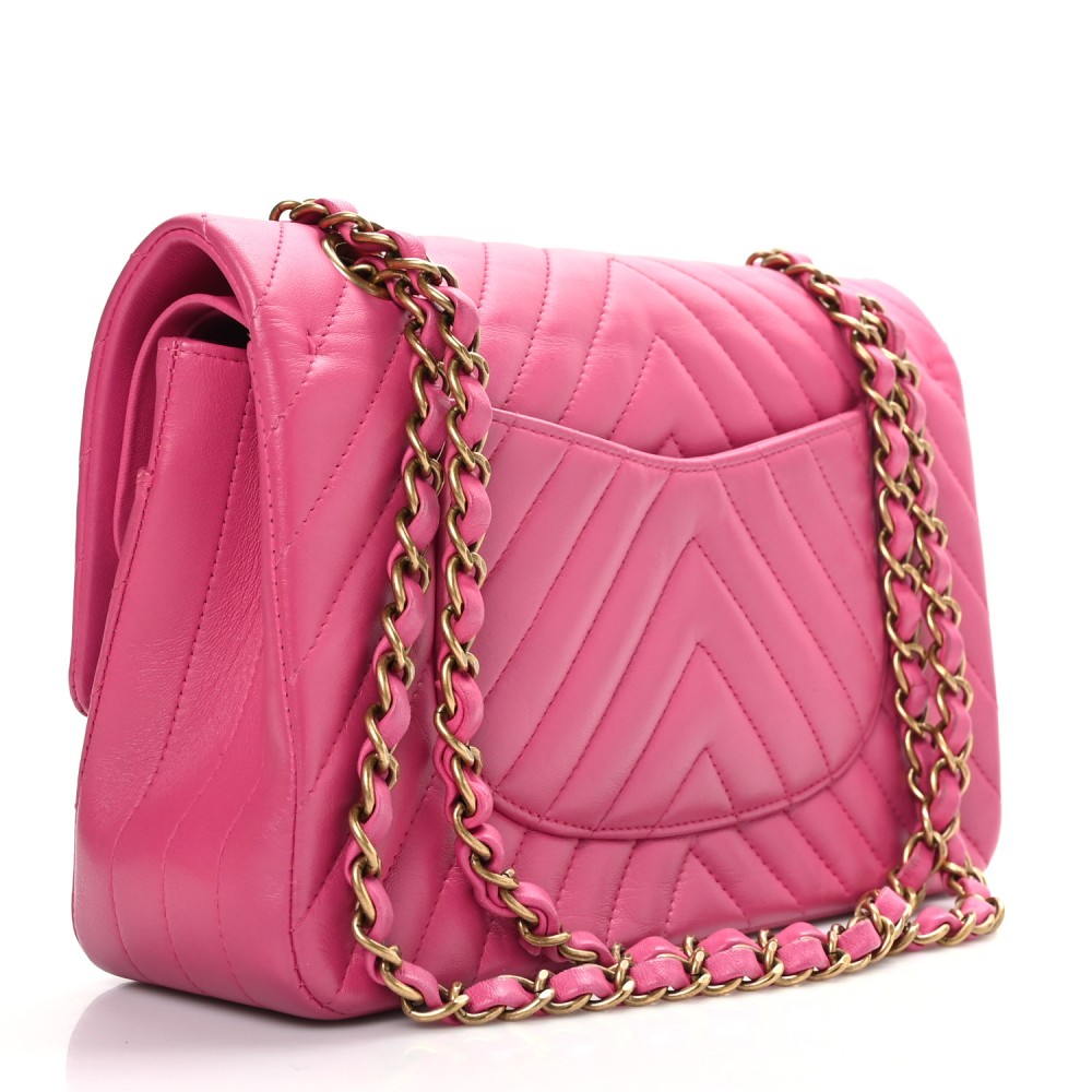 Lambskin Chevron Quilted Medium Double Flap Pink