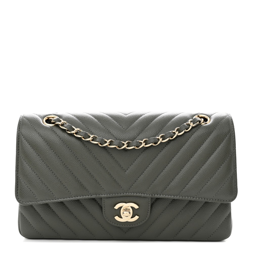 Caviar Chevron Quilted Medium Double Flap Dark Grey