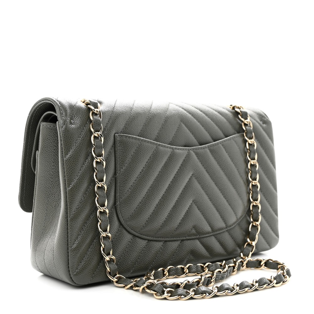 Caviar Chevron Quilted Medium Double Flap Dark Grey