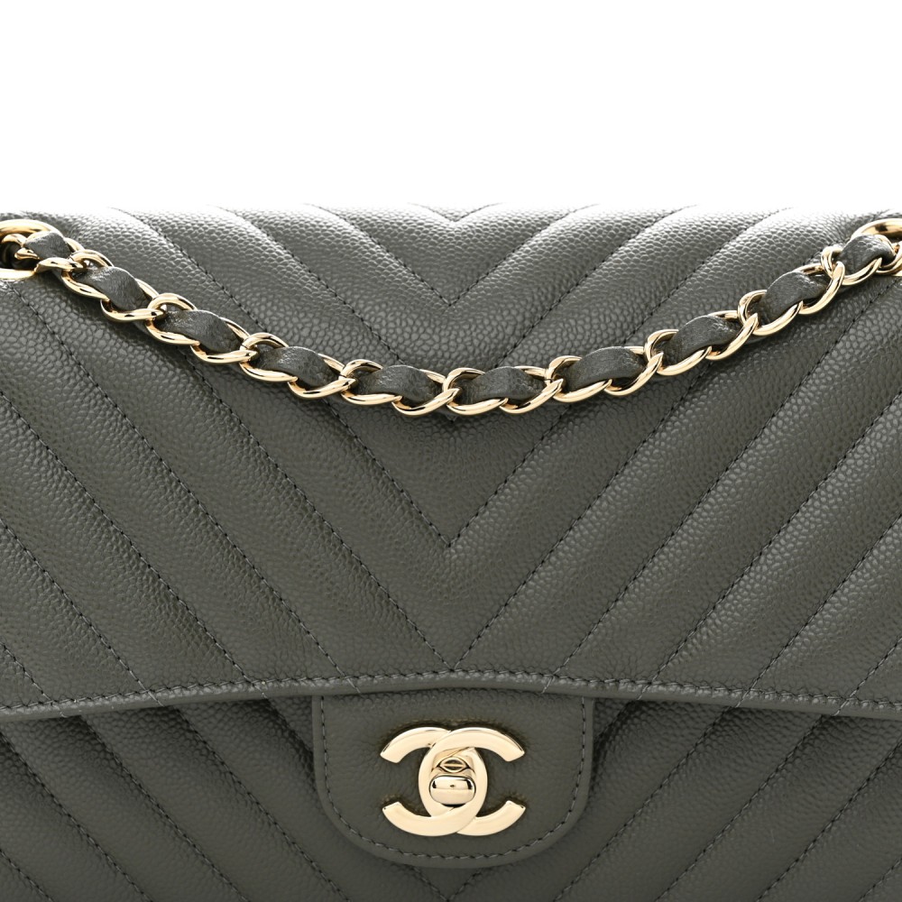 Caviar Chevron Quilted Medium Double Flap Dark Grey