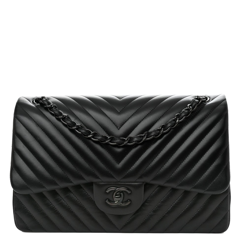 Lambskin Chevron Quilted Jumbo Double Flap So Black