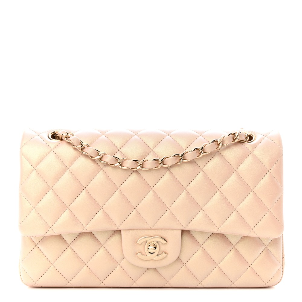 Iridescent Calfskin Quilted Medium Double Flap Beige