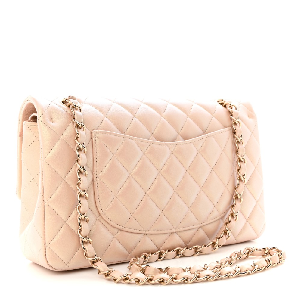 Iridescent Calfskin Quilted Medium Double Flap Beige