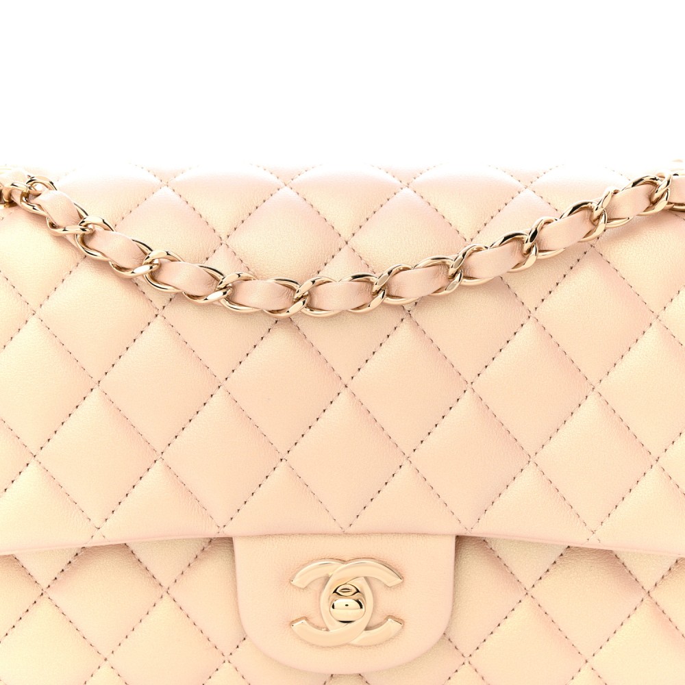 Iridescent Calfskin Quilted Medium Double Flap Beige