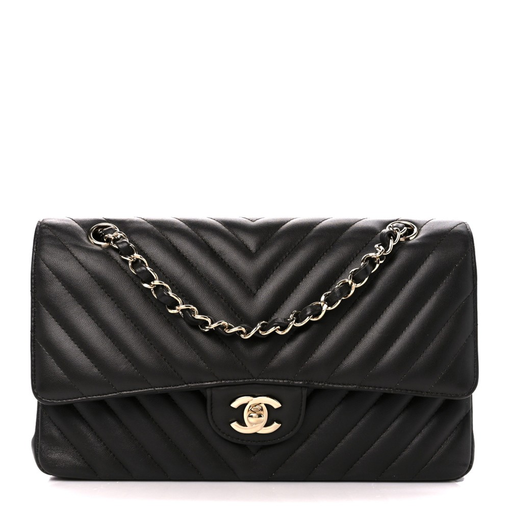 Lambskin Chevron Quilted Medium Double Flap Black