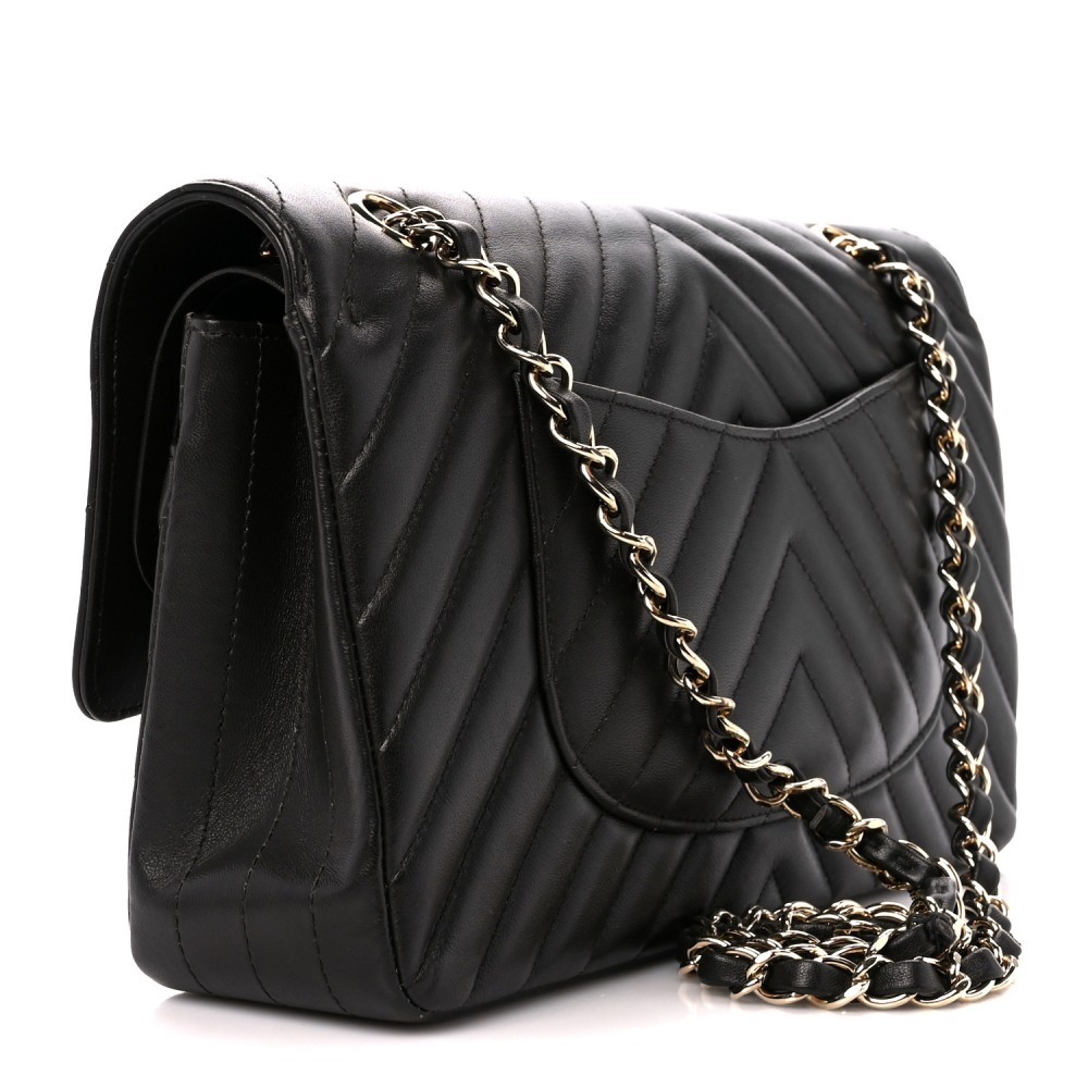 Lambskin Chevron Quilted Medium Double Flap Black