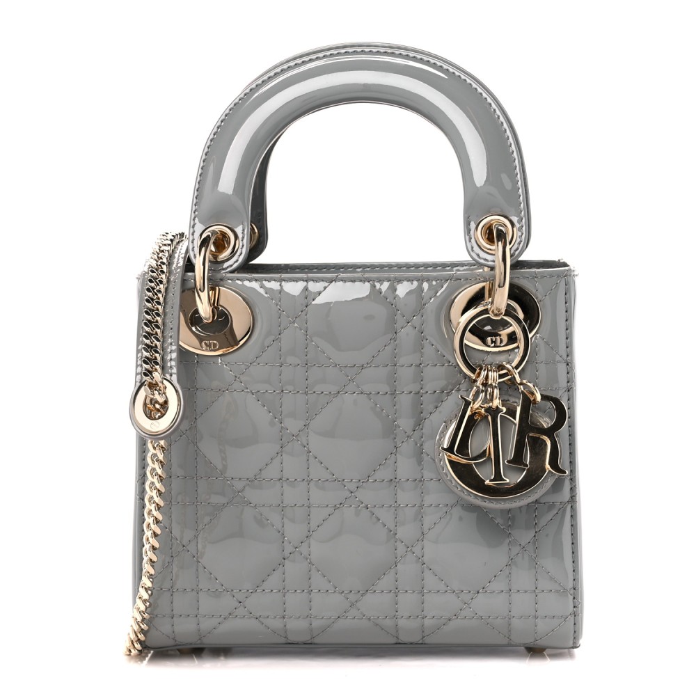 Patent Cannage Mini Lady Dior Grey Stone