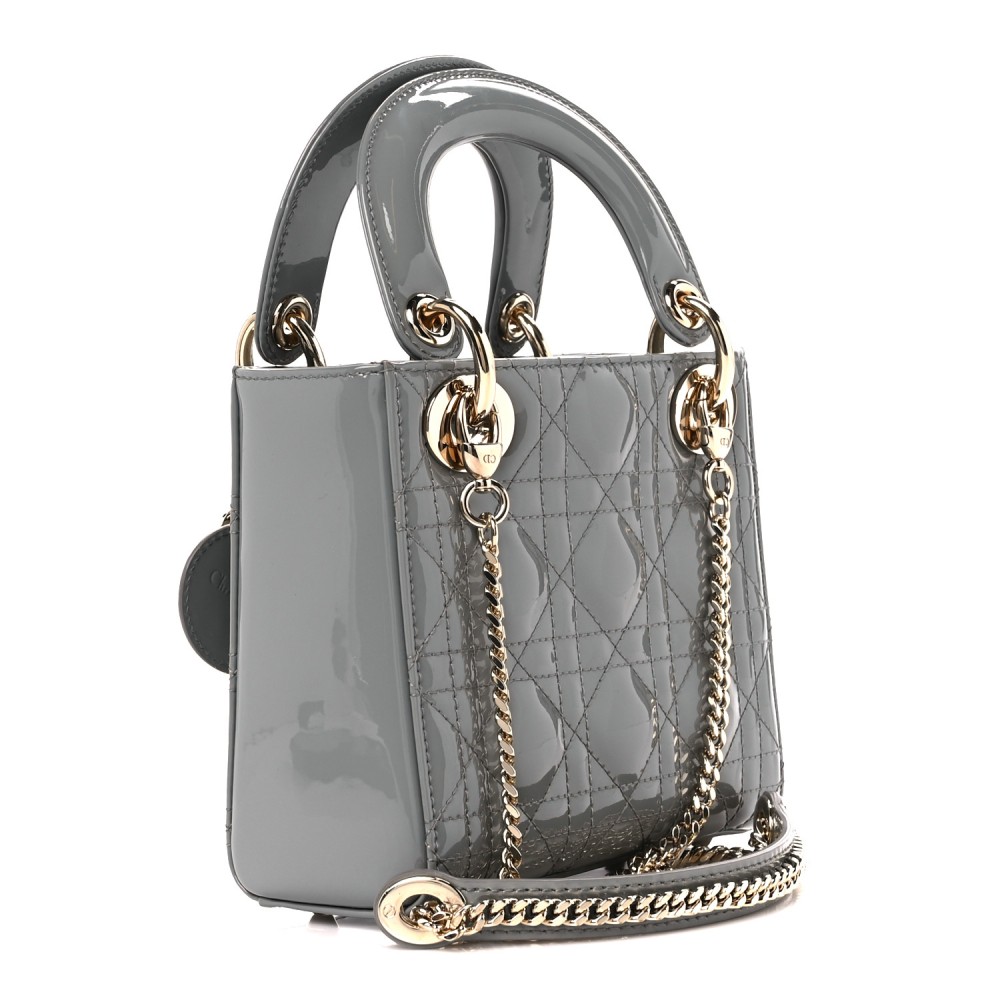 Patent Cannage Mini Lady Dior Grey Stone