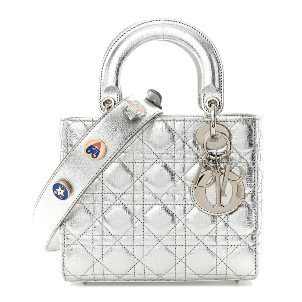 Metallic Grained Calfskin Cannage Small Lucky Badges My Lady Dior Silver