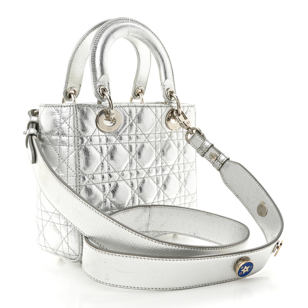 Metallic Grained Calfskin Cannage Small Lucky Badges My Lady Dior Silver