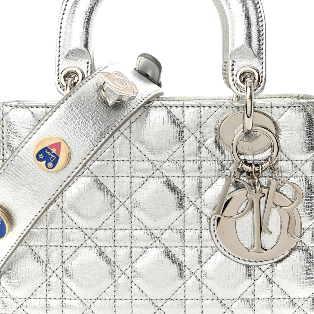 Metallic Grained Calfskin Cannage Small Lucky Badges My Lady Dior Silver