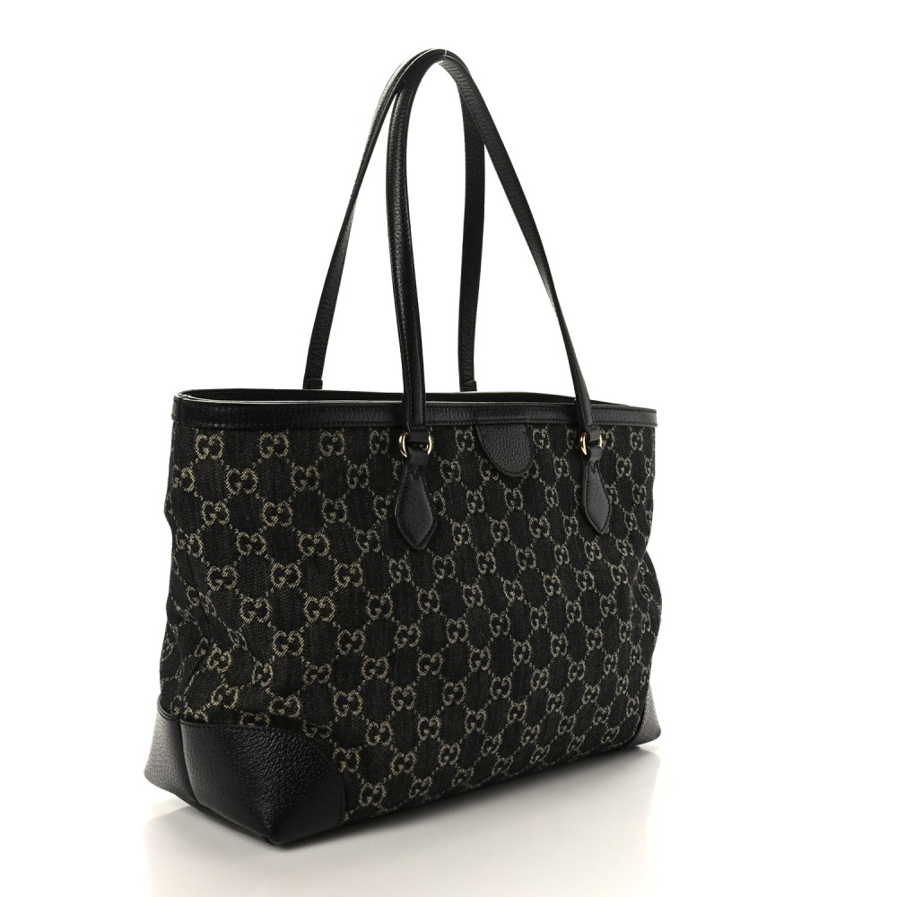 Jacquard Black Denim GG Monogram Medium Ophidia Shopping Tote Black Ivory