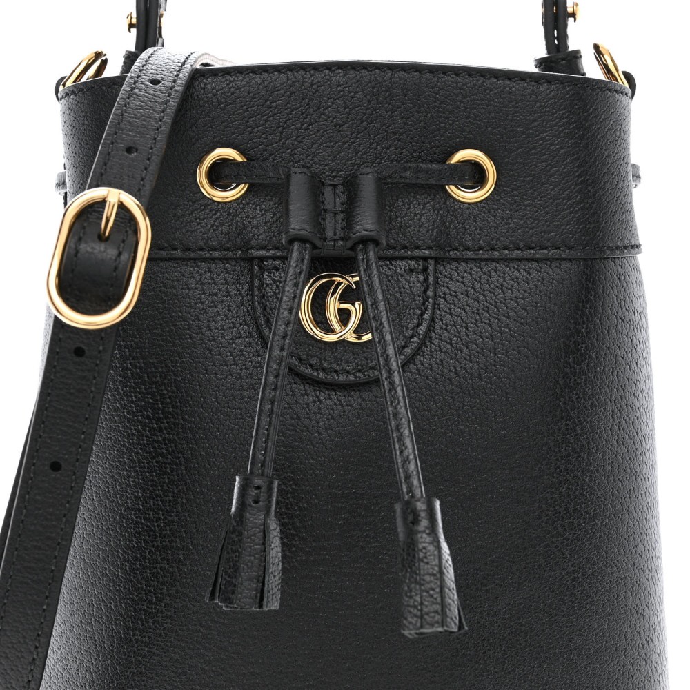 Glazed Textured Calfskin Web Small Ophidia Bucket Bag Black