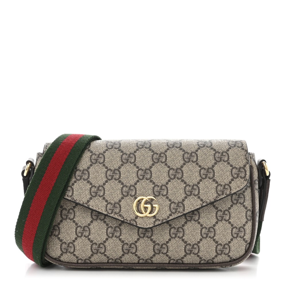 GG Supreme Monogram Textured Dollar Calfskin Web Mini Ophidia Envelope Shoulder Bag Beige Ebony New Acero