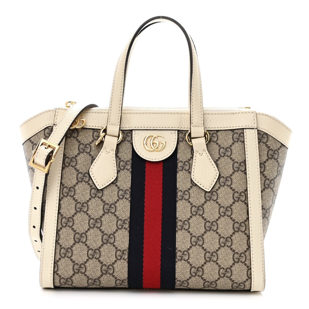 GG Supreme Monogram Textured Dollar Calfskin Web Small Ophidia Tote Bag Beige Ebony Mystic White