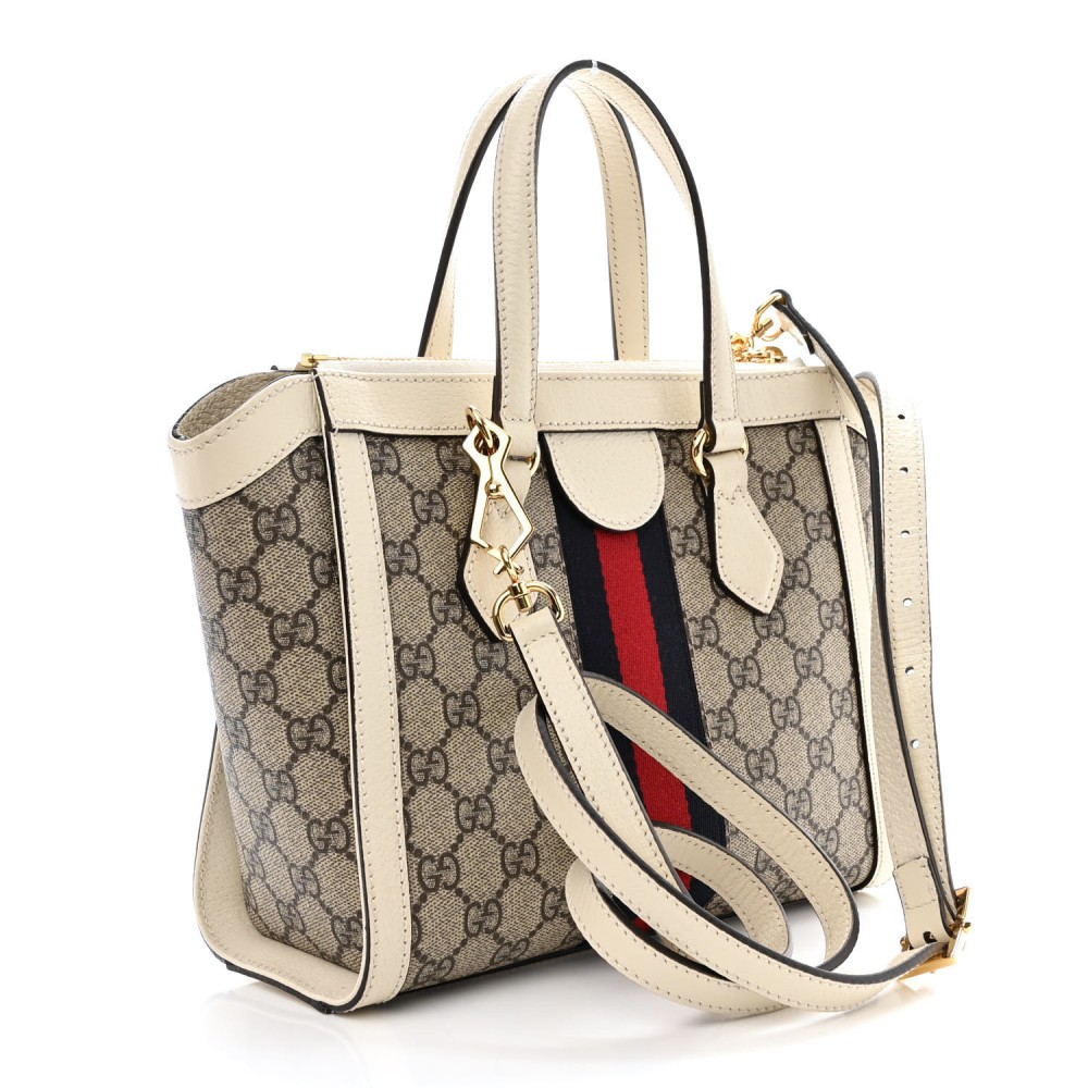 GG Supreme Monogram Textured Dollar Calfskin Web Small Ophidia Tote Bag Beige Ebony Mystic White