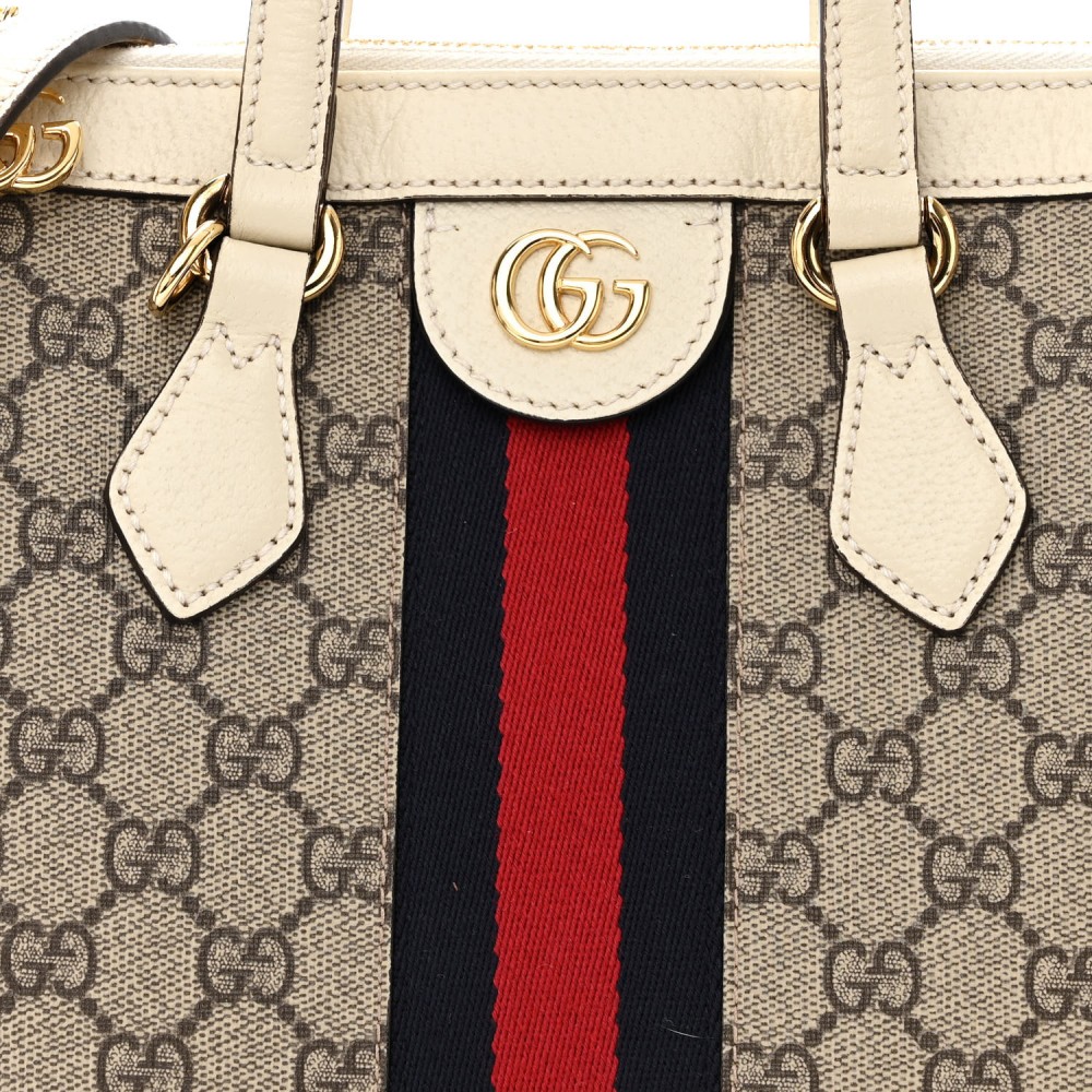 GG Supreme Monogram Textured Dollar Calfskin Web Small Ophidia Tote Bag Beige Ebony Mystic White