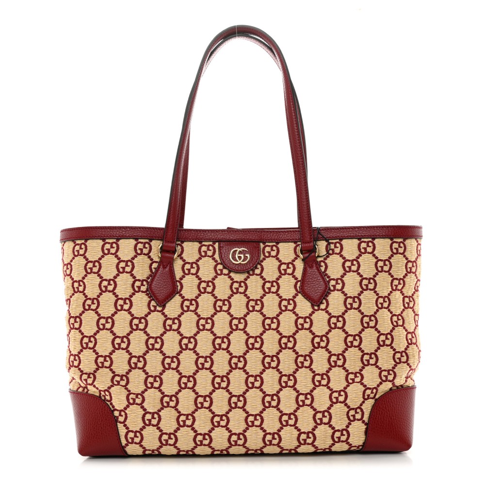 Straw Jacquard Dollar Calfskin GG Monogram Medium Ophidia Shopping Tote Natural New Cherry Red