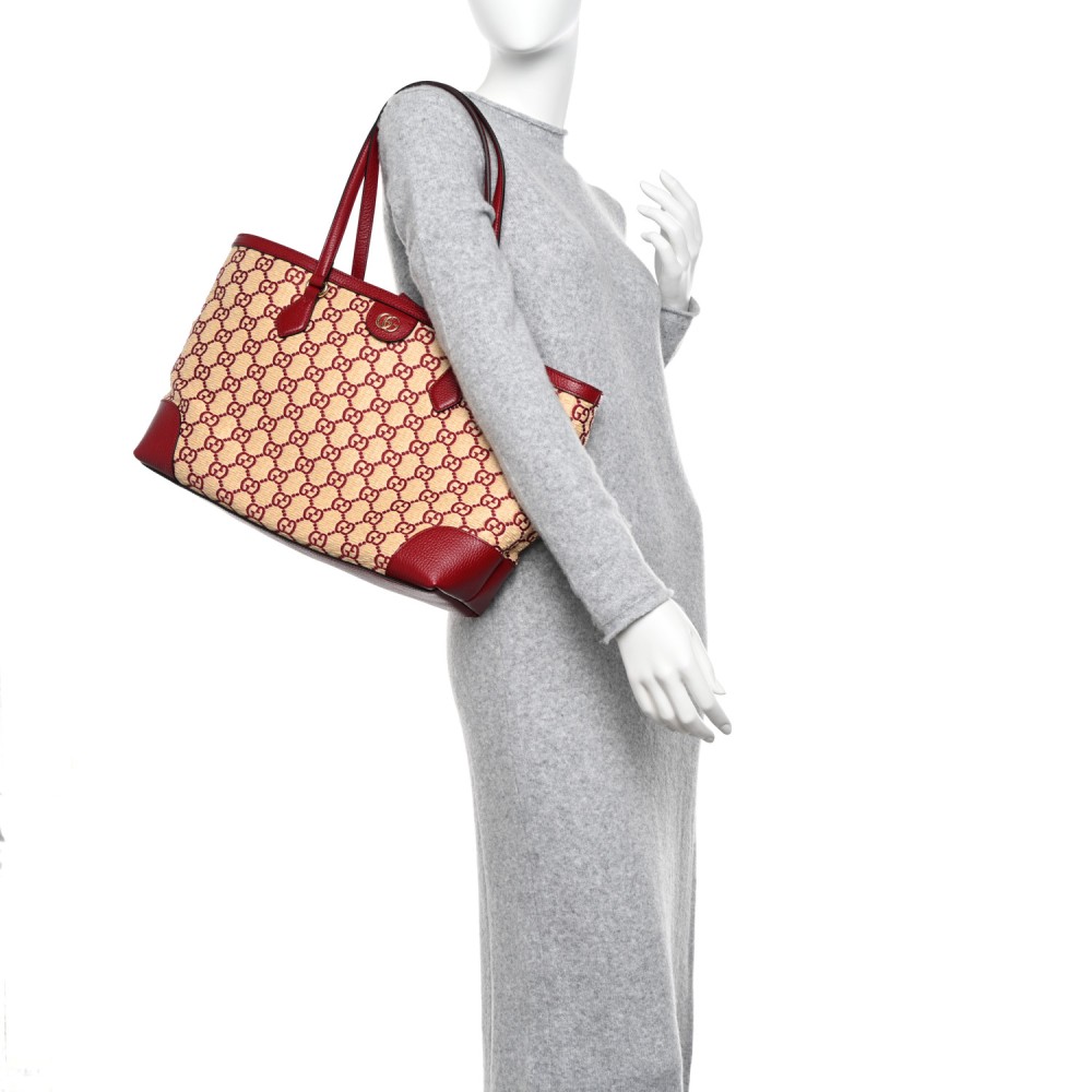 Straw Jacquard Dollar Calfskin GG Monogram Medium Ophidia Shopping Tote Natural New Cherry Red