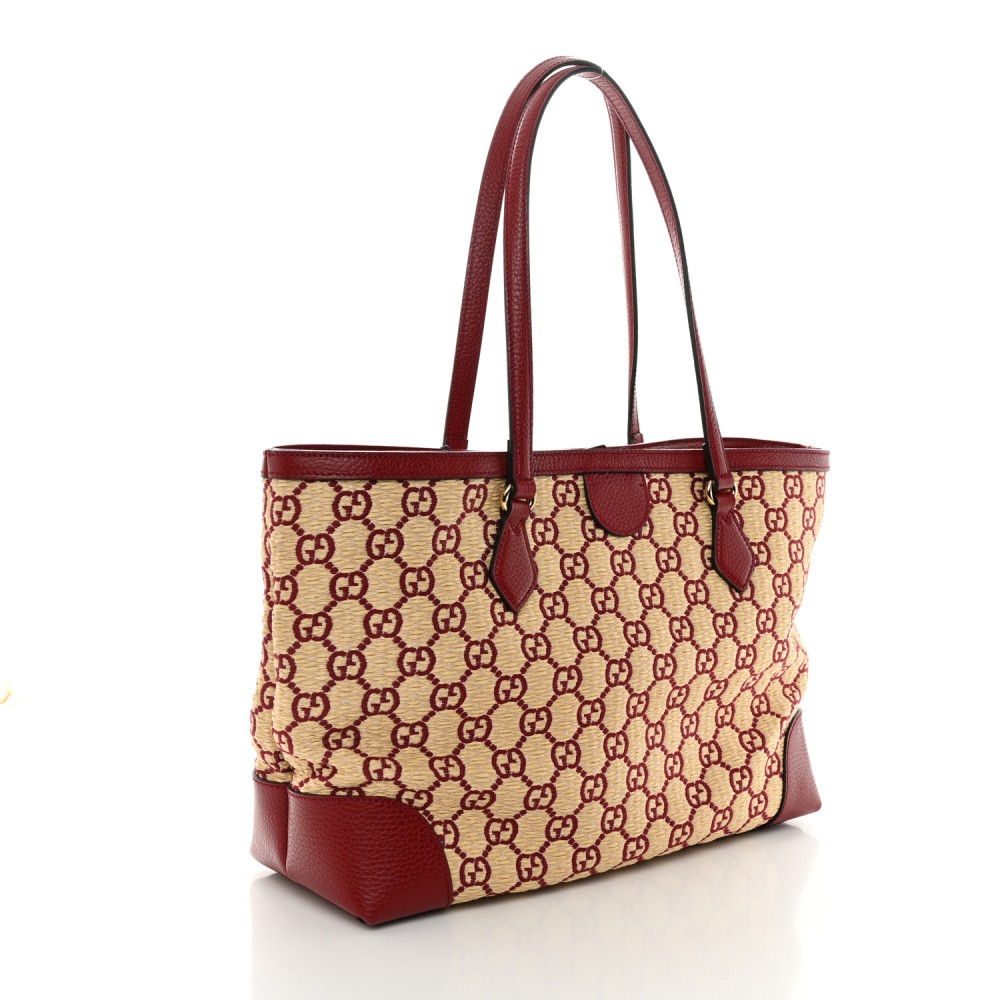 Straw Jacquard Dollar Calfskin GG Monogram Medium Ophidia Shopping Tote Natural New Cherry Red