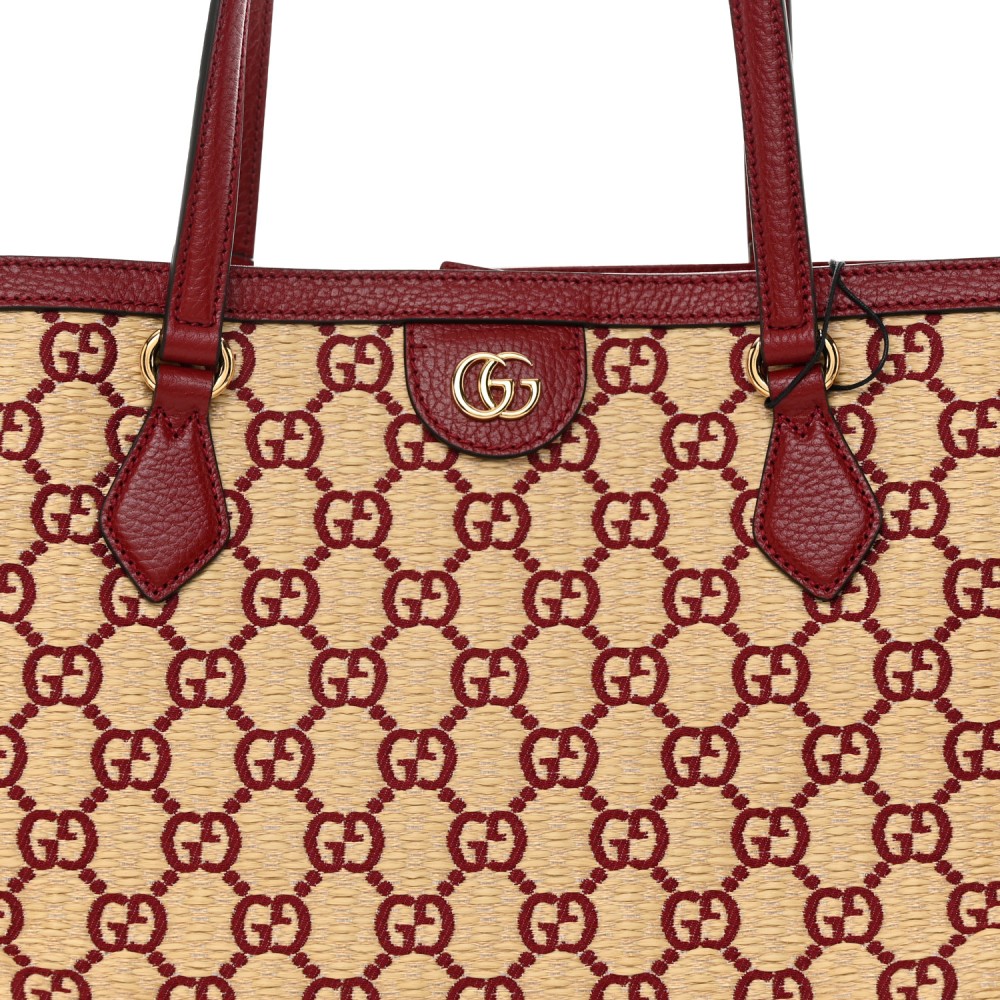 Straw Jacquard Dollar Calfskin GG Monogram Medium Ophidia Shopping Tote Natural New Cherry Red