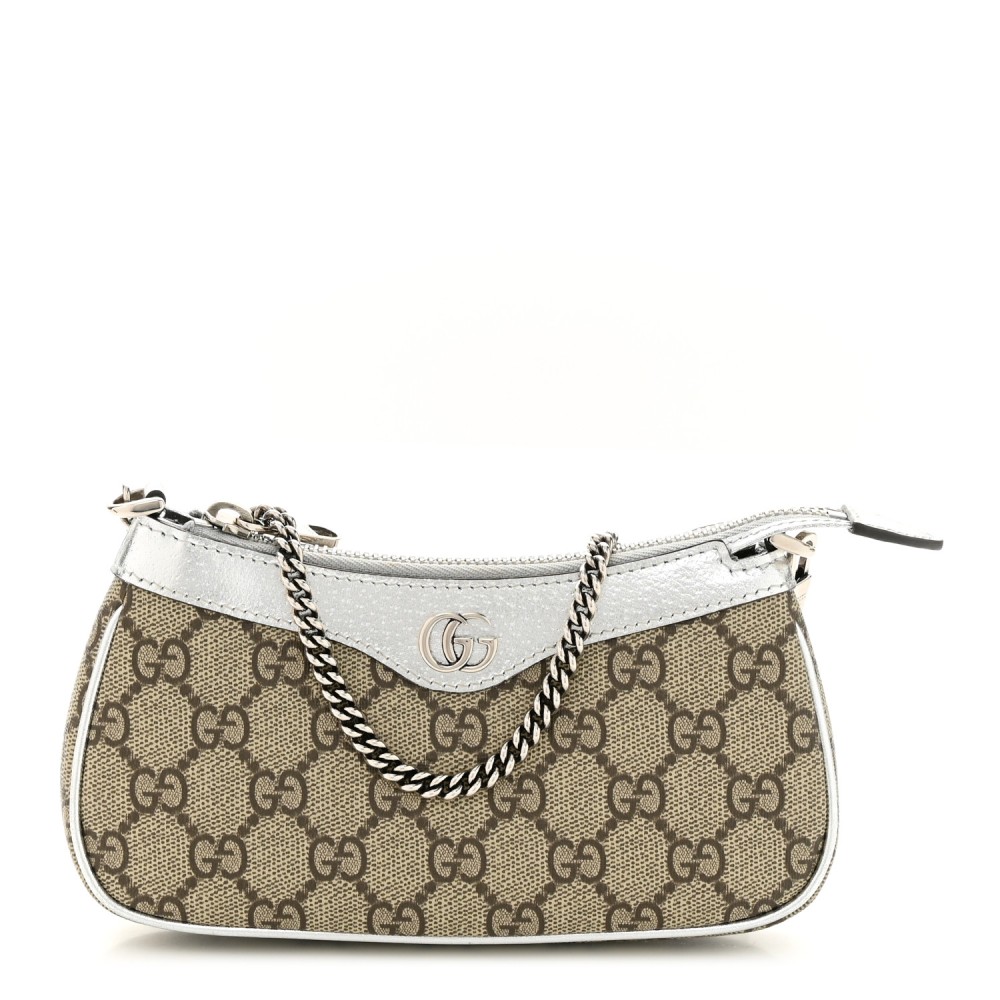 GG Supreme Monogram Lame Textured Dollar Calfskin Mini Ophidia Chain Bag Beige Ebony Silver