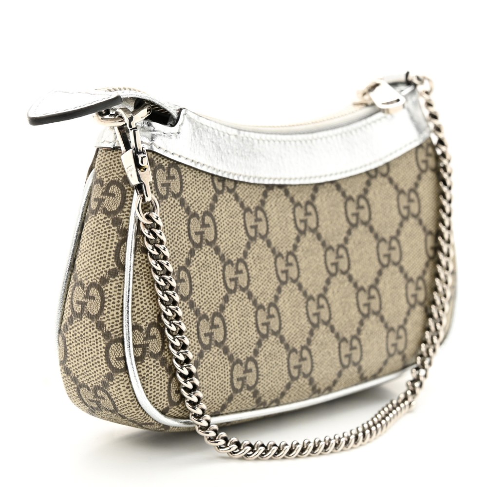 GG Supreme Monogram Lame Textured Dollar Calfskin Mini Ophidia Chain Bag Beige Ebony Silver