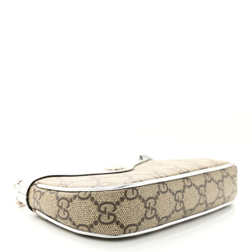 GG Supreme Monogram Lame Textured Dollar Calfskin Mini Ophidia Chain Bag Beige Ebony Silver