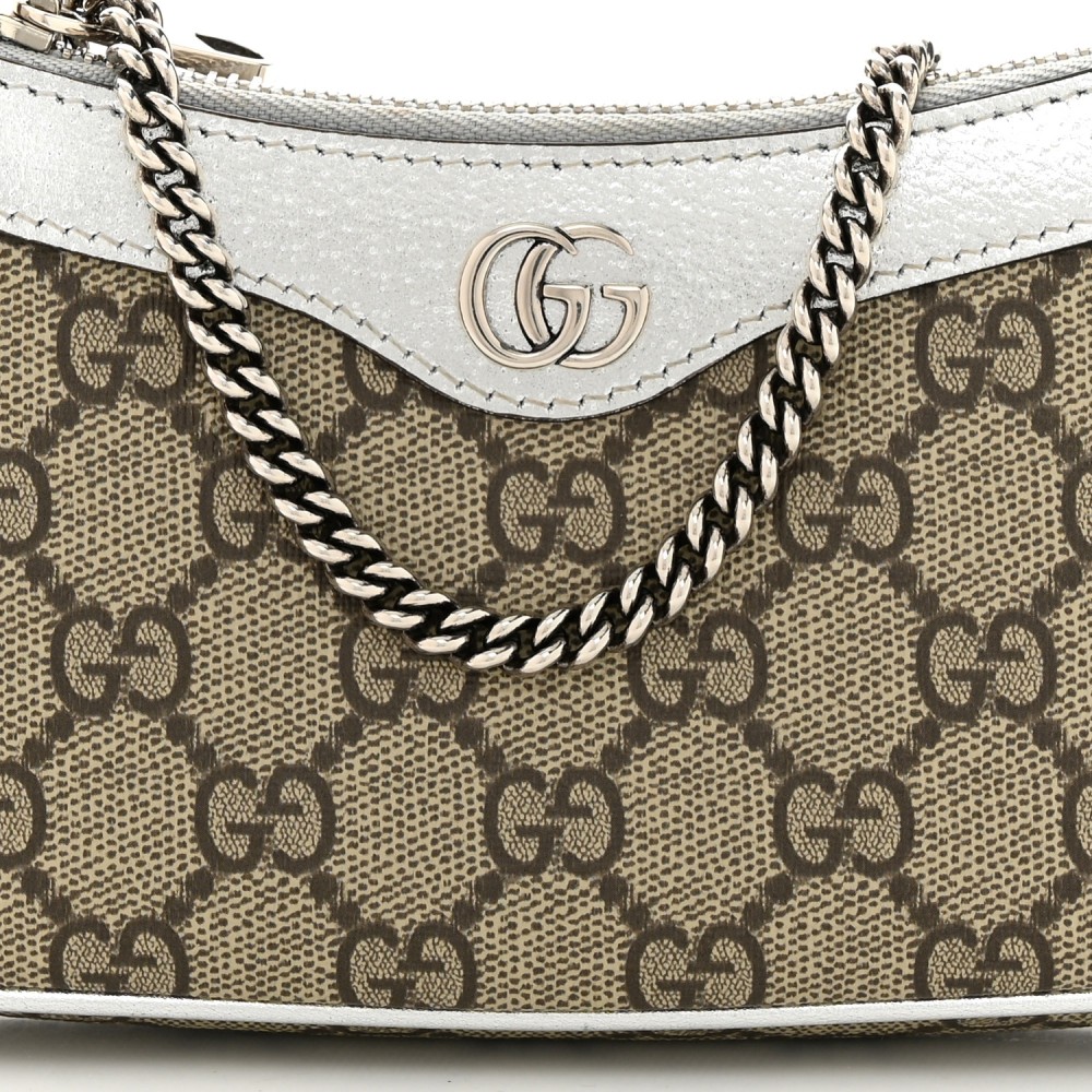 GG Supreme Monogram Lame Textured Dollar Calfskin Mini Ophidia Chain Bag Beige Ebony Silver