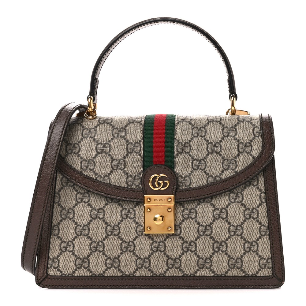 GG Supreme Monogram Textured Dollar Calfskin Web Small Ophidia Padlock Top Handle Bag Beige Ebony New Acero