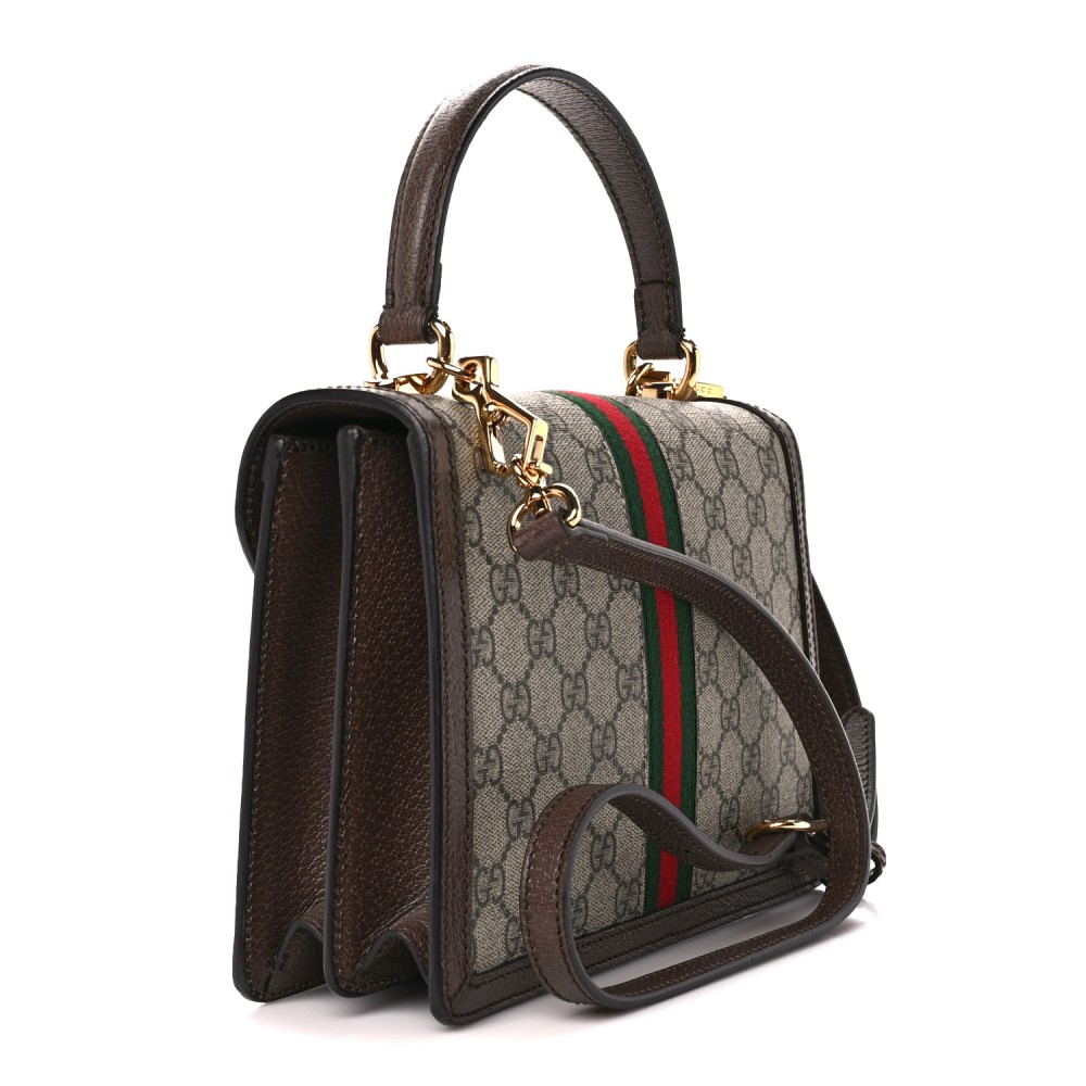 GG Supreme Monogram Textured Dollar Calfskin Web Small Ophidia Padlock Top Handle Bag Beige Ebony New Acero